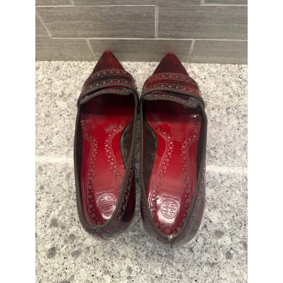 Deep Red Tory Burch Pointed Toe Patent‎ Leather Resoled Kitten Heels *blemishes* - Picture 7 of 10